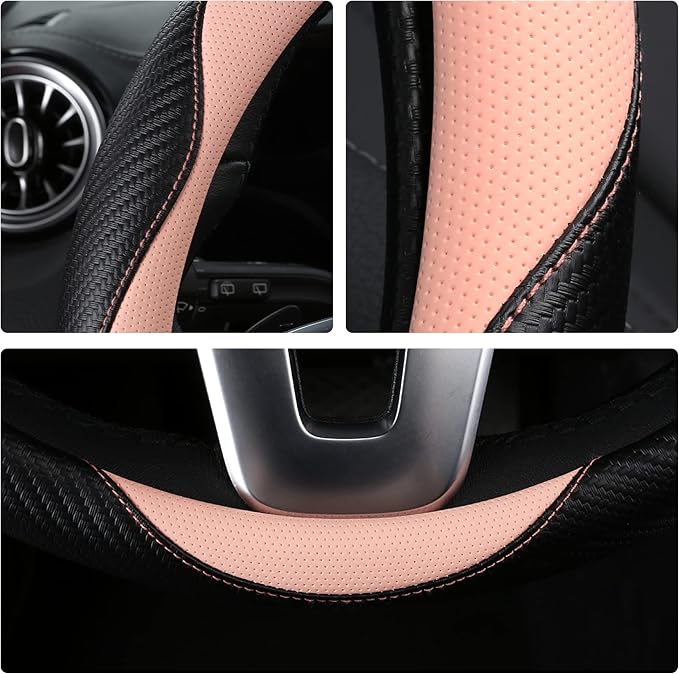 Car Steering Wheel Covers for Women Girl Padded Carbon Fiber PU Leather Cute Cartoon Auto Interior Accessories for Jeep, Truck, Universal, Anti Slip, Pink, Large Size, 15.2-16in