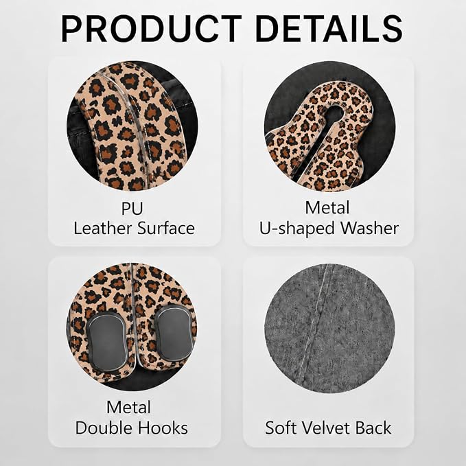 Cute Leopard Car Seat Back Storage Headrest Hooks for Purses & Bags – 2PCS PU Leather Dual Metal Hooks, Backseat Organizer Accessories