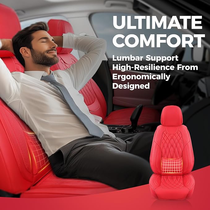Red Car Seat Covers Full Set - Faux Nappa Leather Seat Covers for Cars, Ultra Breathable Waterproof Front Seats Protector with Lumbar Support, Universal Fit for Automotive Sedan SUVs Pickups