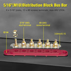 Power Distribution Block Bus Bar, 6 x 5/16" Posts, 10 x #8 Screws Terminals, Max 48V 250A (Pair, Red & Black)