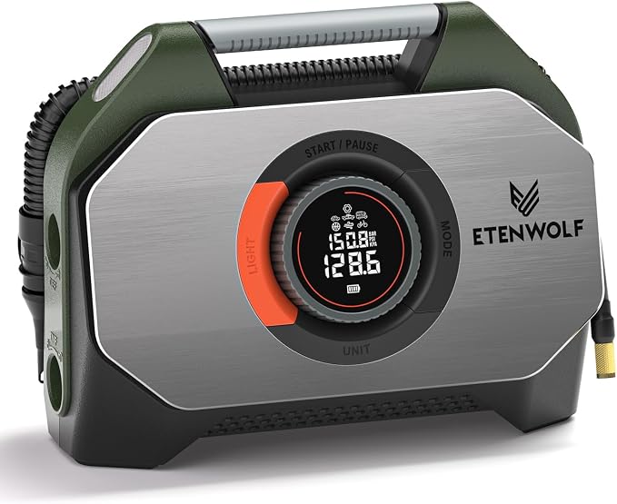 Vortex S7 Tire Inflator for Heavy-Duty Vehicle, Portable Air Compressor for Car Tires with 160PSI & 38400 mAh Battery, Cordless Air Pump with 100% Duty Cycle & Dual Cylinder (Olive Green)