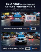 K600 4k Dash Cam Front and Rear, 3.59" IPS Screen, Built-in GPS 5G WiFi Dash Camera for Cars with App, UHD 2160P Night Vision Free 64G SD Card, 170° Wide Angle, HDR, 24H Parking Mode
