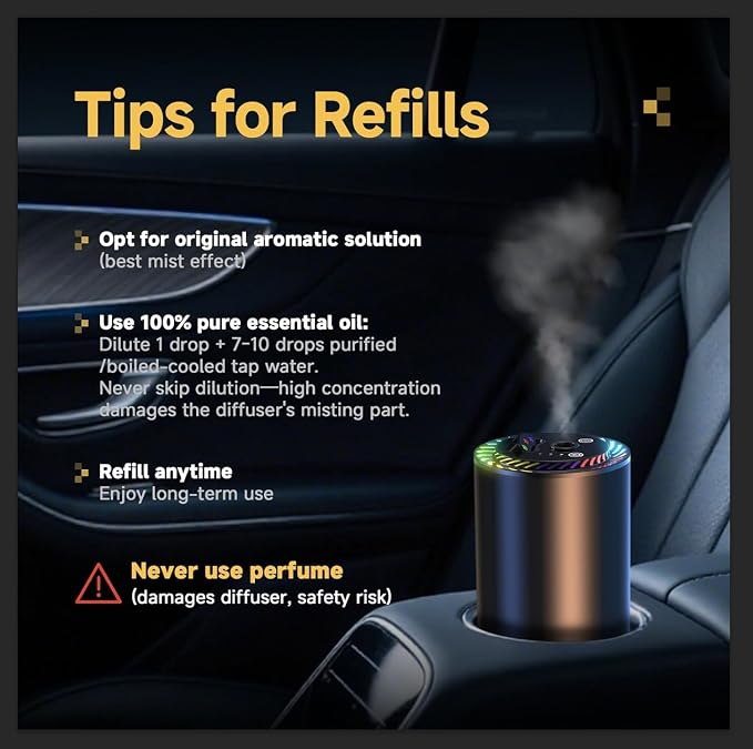 Smart Car Air Freshener with Star Light & 200ml Diffusers Oil Refills, Auto On/Off Aroma Diffuser, 3 Adjustable Mist Modes Rechargeable Aromatizante para Carro - Car Diffuser (New Car Smell*4)