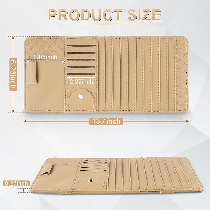 Sun Visor CD Case Holder for Car - Multi-Function Visor Organizer with CD/DVD Storage, Eyeglass Clip, Card Slots & Pen Holder, Durable Leather Car Accessories (Beige)