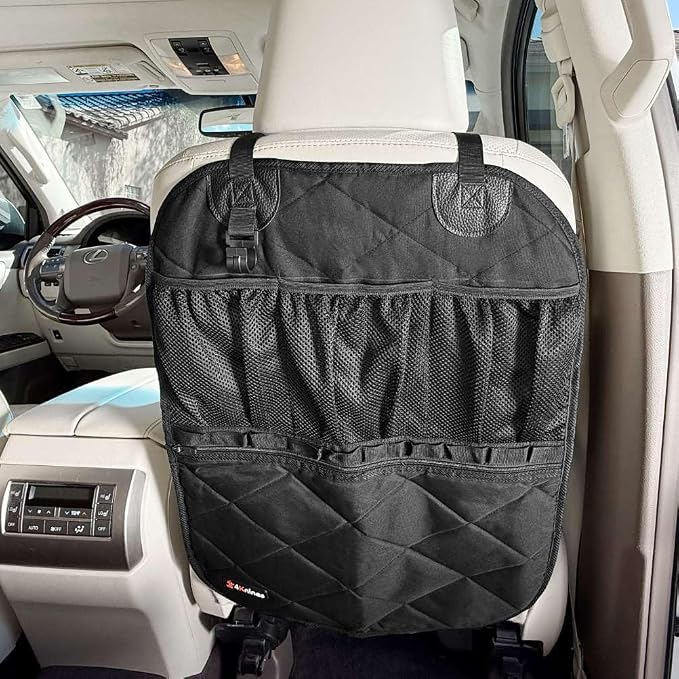 Car Seat Back Organizer – Heavy-Duty Kick Mat w/Mesh Storage Pockets, Bottle Hook – UV-Resistant Hardware – Waterproof Backseat Organizer for Kids & Pets – Fits SUVs, Trucks, Cars – Black