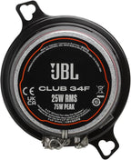 Club 34F - 3-1/2" (87mm) Two-Way Car Speaker, 75 Watts Peak, 25 Watts RMS, Sensitivity (@ 2.83V): 89dB, Frequency Response: 90Hz – 20kHz, Nominal Impedance: 3.0 ohms