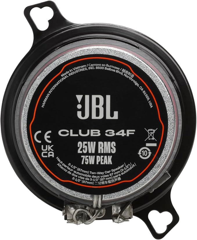 Club 34F - 3-1/2" (87mm) Two-Way Car Speaker, 75 Watts Peak, 25 Watts RMS, Sensitivity (@ 2.83V): 89dB, Frequency Response: 90Hz – 20kHz, Nominal Impedance: 3.0 ohms