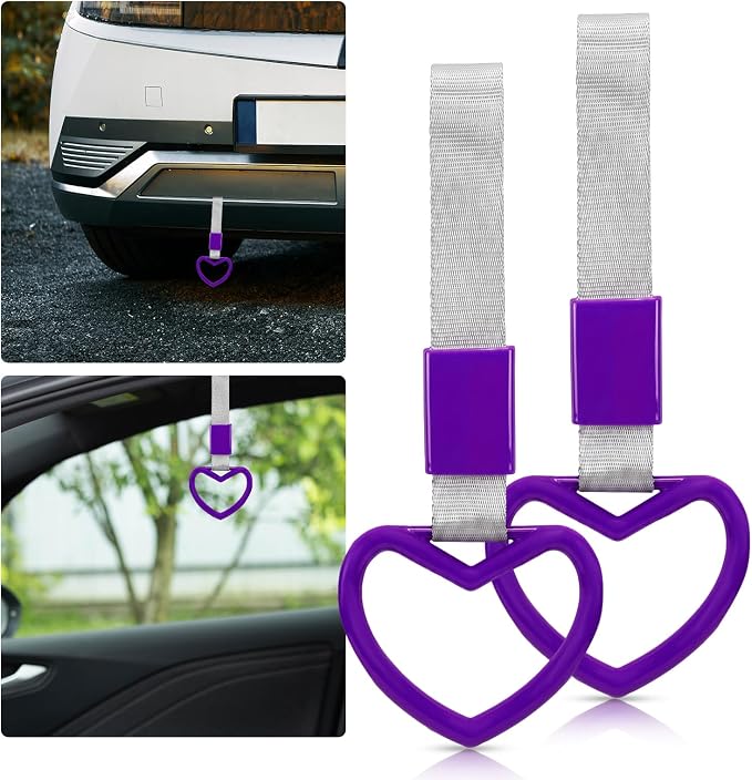 2 Pcs Heart Shaped Car Handle Strap – JD M Drift Charm Rear Bumper Warning Ring Decor for Car Interior Exterior, Subway Bus Handle Accessory, Cute Heart Car Decor Gift for Drivers (Purple-Silver)