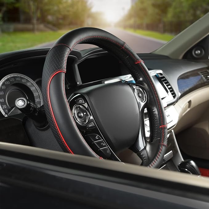Steering Wheel Cover for Honda Civic(2006-2015),CR-Z, Insight, S2000 (Black+Red Line-Small Size)