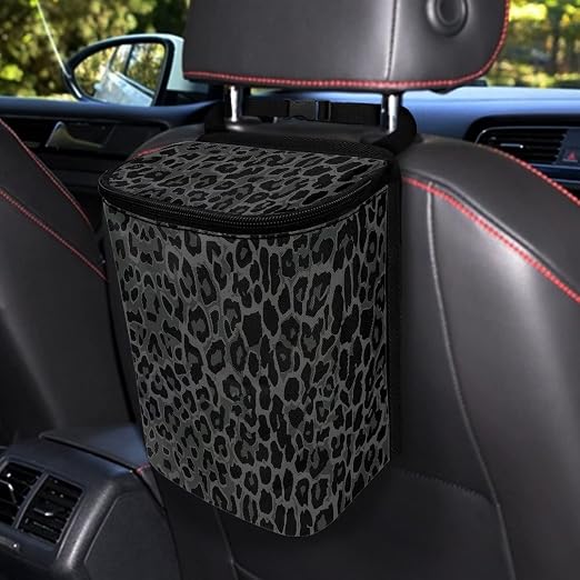Black Leopard Print Car Trash Can with Lid, Leak Proof Auto Trash Bag Hanging Vehicle Garbage Can Multipurpose Storage Container for Back Seat Road Trip