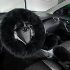 Fluffy Genuine Sheepskin Steering Wheel Cover Set for Women Parents-Fuzzy Soft Australian Merino Wool Wrap with Gear Shift and Hand Brake Covers, Cozy Stylish Luxury Car Accessories (Black)