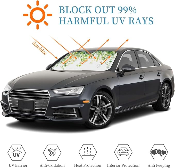 Windshield Sun Shade Watercolor Botanical Leaf Boho Car Front Window Sunshade Cover for Truck SUV Blocks UV Rays Automotive Visor Interior Protector 51 x 27.5 inch