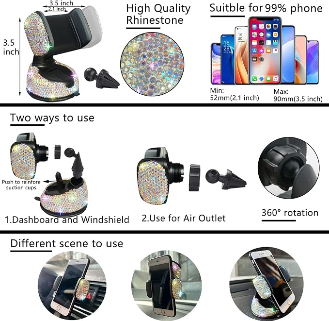 27 PCs Multicolor Bling Car Accessories Set for Women, Steering Wheel Covers Universal Fit 15 Inch, Bling License Plate Frame, Bling Phone Holder, Bling Car Coasters