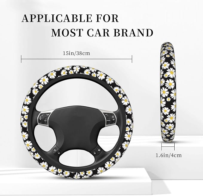 White Daisy Neoprene Steering Wheel Cover for Men Women Anti-Slip Elastic Steering Wheel Protective Cover 15in Universal Car Accessories Fit Cars, SUVs, Auto