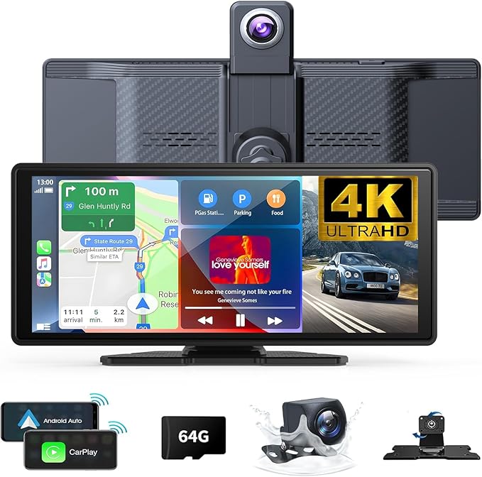 Wireless Carplay Screen for Car 10.26" 4K 360 Rotation Dash Cam Carplay&Android Auto Car Stereo 1080p Backup Camera GPS Navigation/Mirror Link/Voice Control/Siri/FM Satellite Radio Receiver