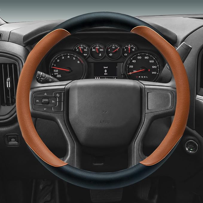 Leather Steering Wheel Cover for Chevy Silverado 1500 2500 3500, 14.5-15 inches Car Steering Wheel Cover with Non-Slip Breathable (Brown)