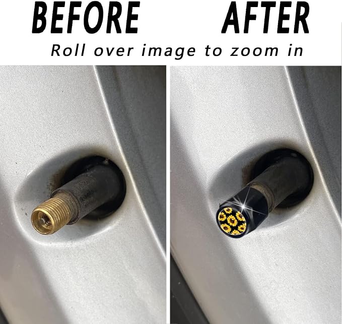 Tire Valve Stem Caps Cover,4 Pcs Metal Black Air Valve Cap, Aluminum Car Wheel Stem Caps,Universal Stem Covers for Cars,Trucks,Bikes,Bicycles, Motorcycles,Corrosion Resistant (Daisy)