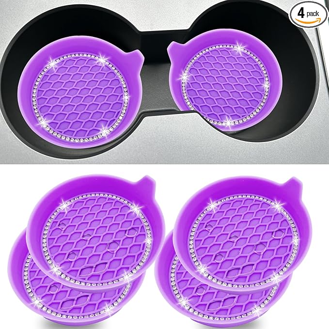 4PCS Bling Car Coasters, Non-Slip Insert Water Bottle Holder Pads, Bling Crystal Rhinestone Dustproof Automotive Interior Accessories, Universal for Vehicles, Trucks, RVs (4 pcs, Purple)