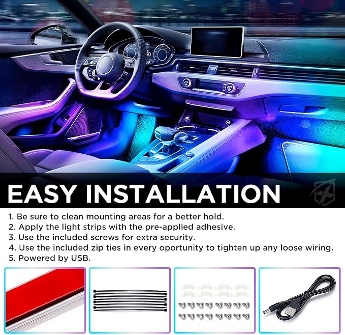 Dreamcolor USB LED Cars Interior Lights Strip Kits, w/Remote & Bluetooth APP Control, Footwell Under Dash RGB Neon Chasing Inside Lights, DIY Music Mode, Universal for Vehicle Trucks UTV ATV