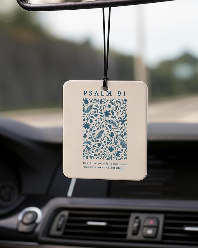 Retro Blue Christian Square Car Air Freshener 4 Pcs Coconut Scented, Inspirational Religious Car Accessories Mirror Decor, Christian Hanging Air Freshener for Cars Closet Drawer Books