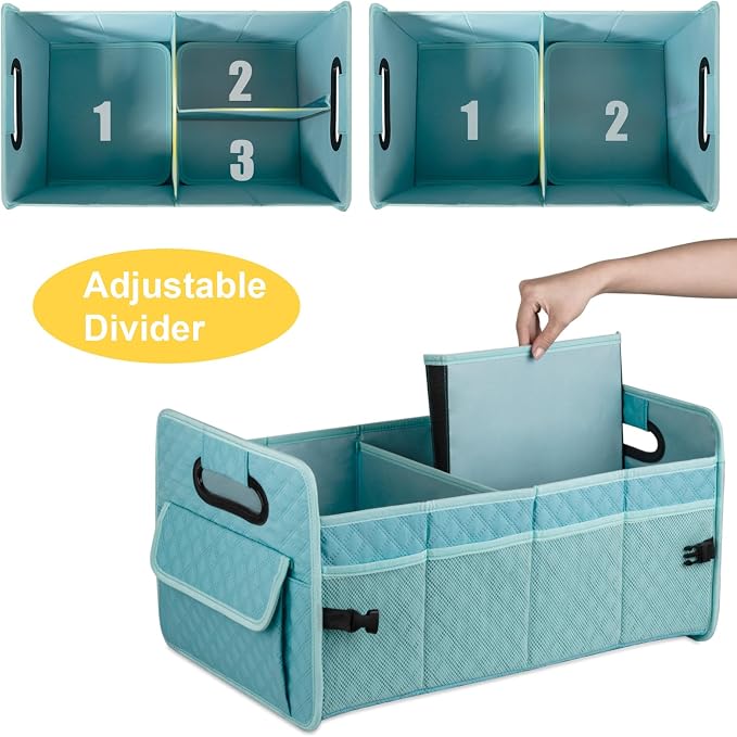 Car Trunk Organizers and Storage for SUV, Collapsible Multi Compartment Container Box Adjustable Car Accessories for Women Men, Lake Blue