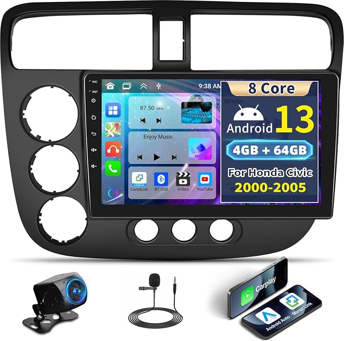 [8 Core 4G+64G] Car Stereo Radio for Honda Civic 2001-2005, 9” IPS 1280 * 720 Touchscreen Unit with Wireless Carplay Android Auto,Bluetooth-5.0 Mirror Link GPS WiFi 59-UI,32-EQ DSP SWC Rear Camera