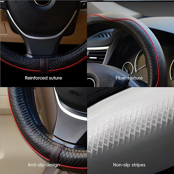 Microfiber Leather Steering Wheel Cover, Universal 14.5-15 Inch,Anti Slip,Heavy Duty, Thick,Soft,Breathable Car Interior Accessories for Men Women (Black with Red line)