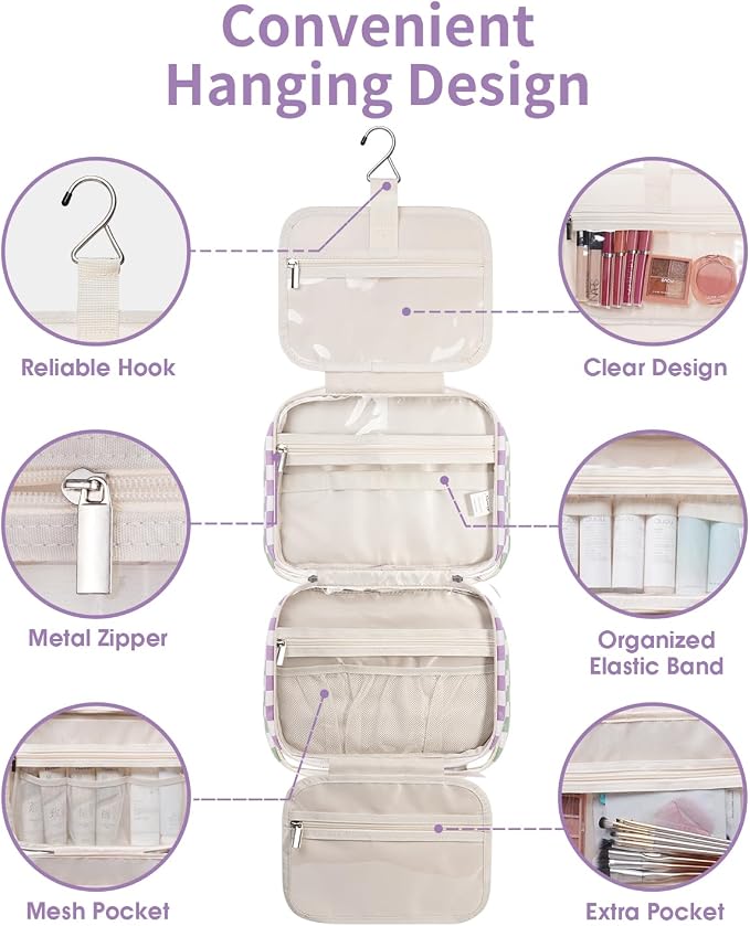Travel Toiletry Bag for Women Large Hanging Makeup Bag Organizer Toiletries Bag for Full Size Essentials Accessories Cosmetics (Purple Checkerboard (Large))