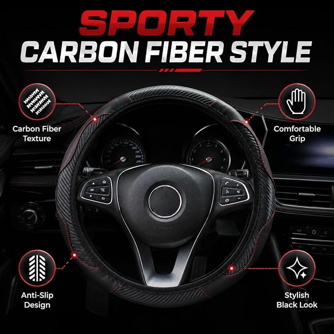 Car Steering Wheel Cover 15 inch, Microfiber PU Leather Elastic Steering Wheel Protector, Anti-Slip Breathable Car Interior Accessories for Most Cars (Black)