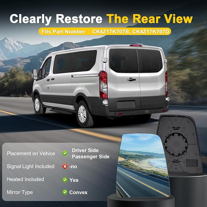 Driver and Passenger Upper Side Heated Mirror Glass Compatible with 2015-2025 Ford Transit 150 250 350 2023-2025 E-Transit Replace CK4Z17K707B CK4Z17K707D