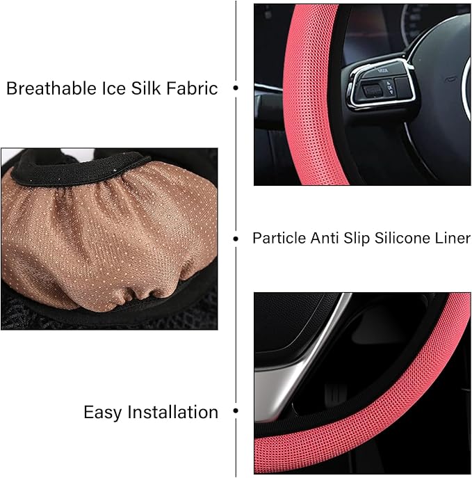 Red Mesh Steering Wheel Cover, Universal 15 inch, Elastic Stretch Microfiber Breathable Ice Silk Cover, Anti-Slip, Odorless, Sweat Absorption, Warm in Winter and Cool in Summer