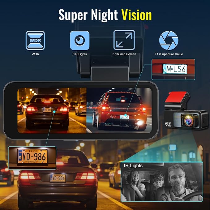 4K Dash Cam Front and Rear, 3.16" Screen Dual Dash Camera for Cars with WiFi & GPS, Night Vision, 170°Wide Angle Car Dashboard Cam, G-Sensor, Loop Recording, 64GB Card Included