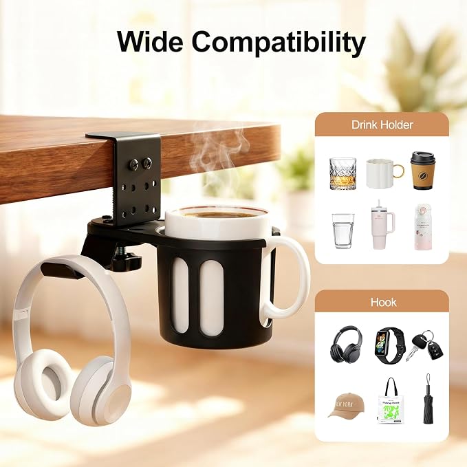 360° Rotating Cup Holder wiht Hook Under Desk Anti Spill Space Saving for Home Office Camping