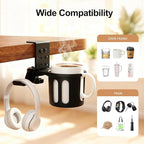 360° Rotating Cup Holder wiht Hook Under Desk Anti Spill Space Saving for Home Office Camping