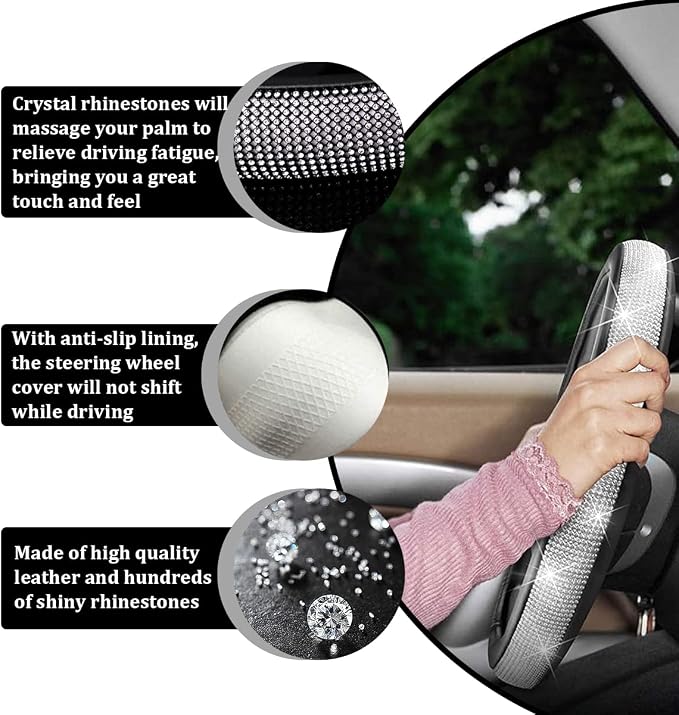 Steering Wheel Cover, Bling Crystal Rhinestones Auto Wheel Protector, Sparkly Cover Universal Fit Diverse 14.5-15 inch Steering Wheel, Interior Decor Car Accessories (Black)