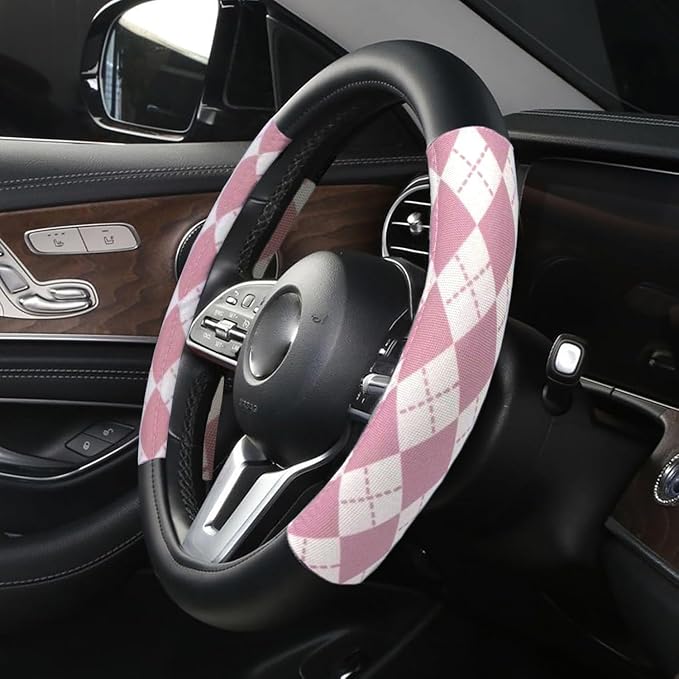 Lattice Car Steering Wheel Cover Microfiber Leather Non-Slip Comfort Universal 15 inch Checkered Plaid Wheel Protector for Truck, SUV, Cars (Pink)