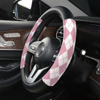 Lattice Car Steering Wheel Cover Microfiber Leather Non-Slip Comfort Universal 15 inch Checkered Plaid Wheel Protector for Truck, SUV, Cars (Pink)