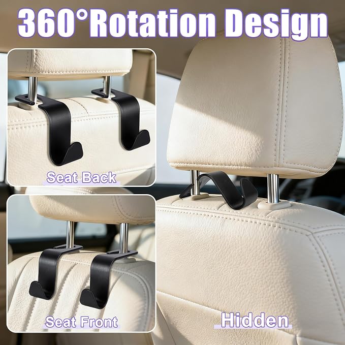 6 Pack Car Seat Headrest Hooks, Car Accessories for Women Men, Back Seat Purse Hanger Holder Hook, Universal Storage Organizer for Handbag Grocery Bags Coats (Black)