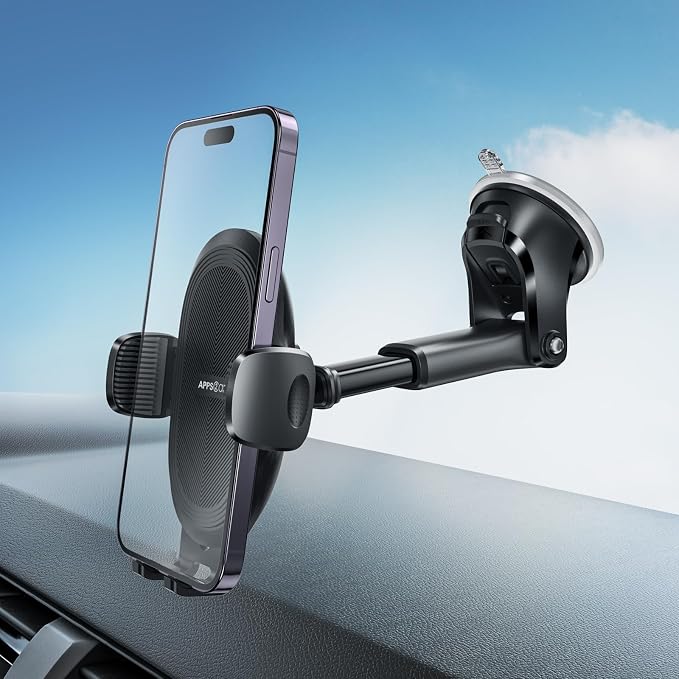 Suction Cup Phone Holder Windshield/Dashboard/Window, Suction Cup Car Phone Mount with Strong Sticky Gel Pad, Compatible with iPhone, Samsung & All Cellphones, Matte Black