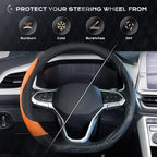 Coverado Car Steering Wheel Cover, Nappa Leather Black & Orange Steering Wheel Covers for Women, Universal 14-15 inch, Anti-Slip, Breathable Steering Wheel Protector