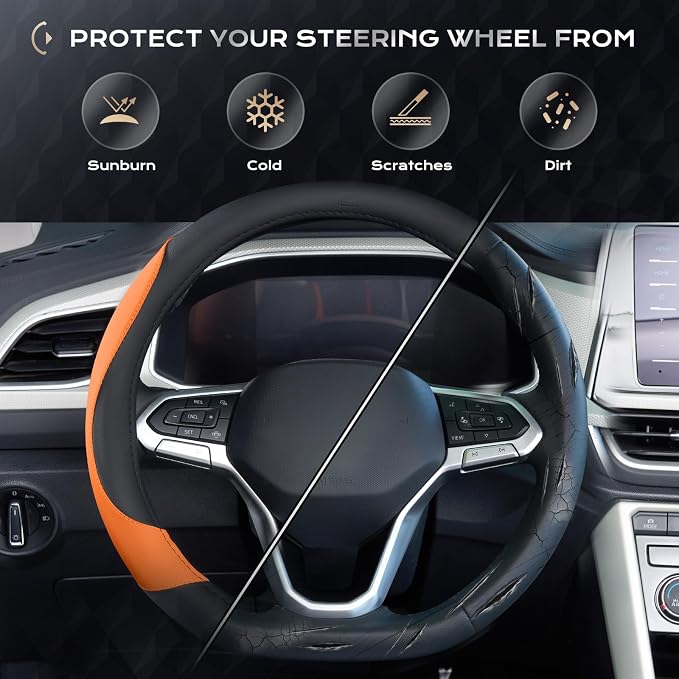 Coverado Car Steering Wheel Cover, Nappa Leather Black & Orange Steering Wheel Covers for Women, Universal 14-15 inch, Anti-Slip, Breathable Steering Wheel Protector