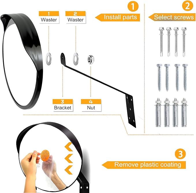 24 Inch Convex Mirror Outdoor with Adjustable Wall Fixing Bracket,Blindspot Traffic Mirror for Driveway Garage Park Outdoor Wide Angle View Curved Security Blind Spot