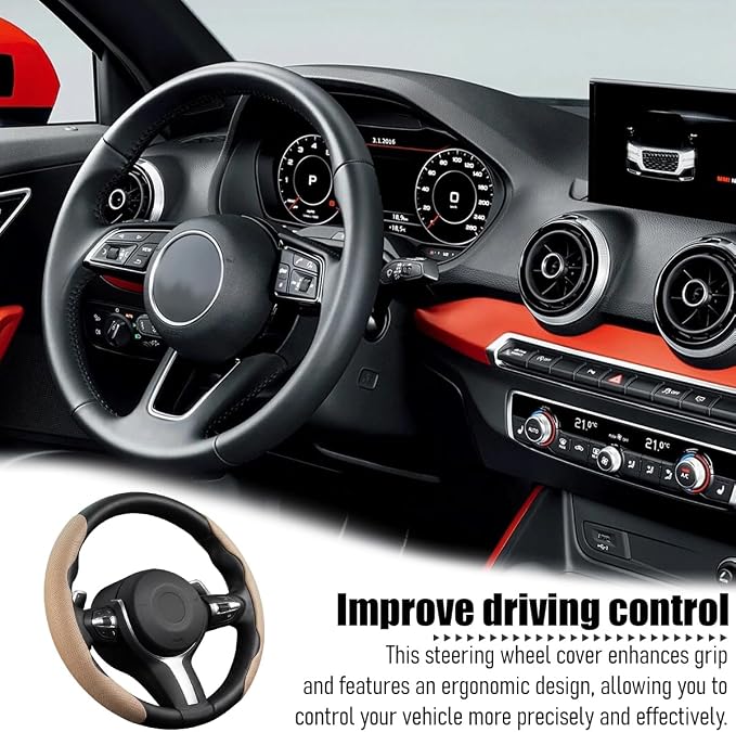 2PCS/Set Car Steering Wheel Cover, Leather Segmented Anti-Slip Automotive Wheel Protector, Soft Breathable Vehicle Steering Protection Covers, Universal Interior Accessories (Beige)