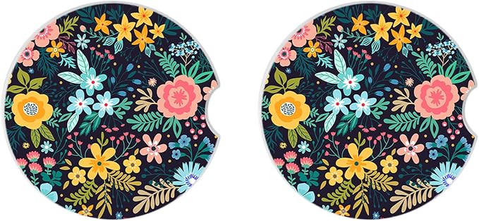 Absorbent Car Coasters 2 Pack for Cup Holders, 2.56" Ceramic Stone & Non-Scratch Cork Base Drink Coasters(Flowers 1)