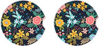 Absorbent Car Coasters 2 Pack for Cup Holders, 2.56" Ceramic Stone & Non-Scratch Cork Base Drink Coasters(Flowers 1)