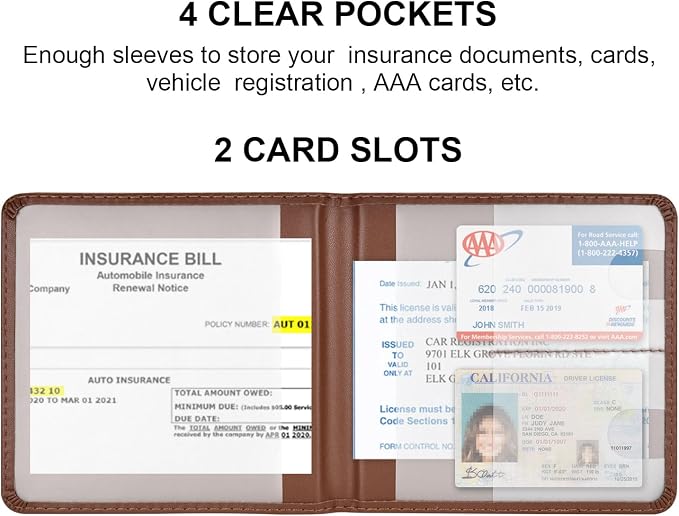 Car Registration and Insurance Holder, Vehicle Glove Box Car Organizer Men Women Wallet Accessories Case for Cards, Essential Document, Driver License, Brown