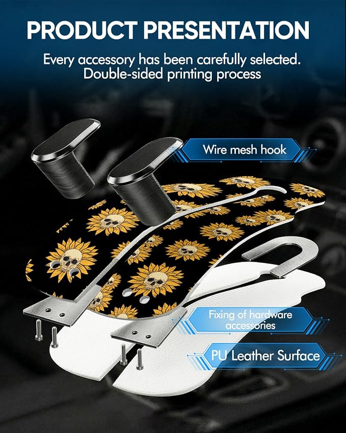 Purse Holder for Car, 2 Pack Heavy Duty Purse Hanger for Car, PU Leather Car Seat Hooks for Purses and Bags, Cute Sunflower Skull Headrest Organizer for Handbags & Backpacks