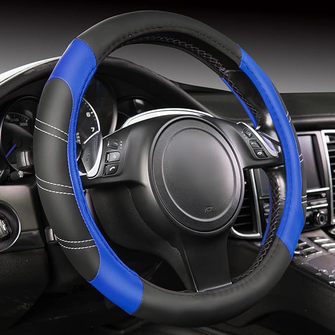 Line Rider Microfiber 14 Inch Leather Sporty Steering Wheel Cover Universal Fits for Truck,SUV,Cars, Anti-Slip Safety Comfortable Desgin (Black-Blue)