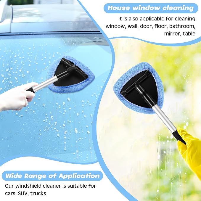 10 Pcs Windshield Cleaner Tool Car Window Cleaning Supplies with Extendable Handle Include 6 Washable Microfiber Bonnets 2 Empty 60ml Spray Bottle Glass Wiper Kit(Light Blue)