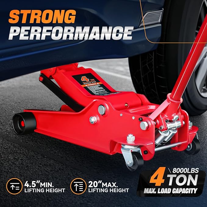 4 Ton Low Profile Floor Jack, Heavy Duty Steel Hydraulic Car Jack with Dual Pistons Quick Lift Pump, Hydraulic Racing Floor Jack, Lifting Range 4.5" to 20", Red